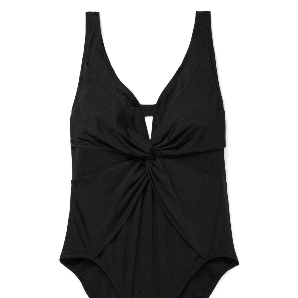Contour Plus Knot Front V-Neck Mesh Sides Black One Piece Swim - Picture 1 of 12